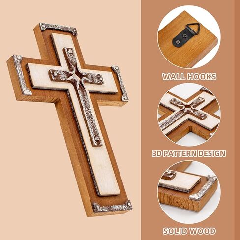 BONNY DODO المسيحي ديكور جدار الصليب الفن الخشبي الجدار شنقا ريفي 3 طبقات الفن الراتنج تقليد الملمس المعدني عملية النحت الخشب الصليب للمنزل (ثلاثة طبقة نمط الرجعية) in Kuwait