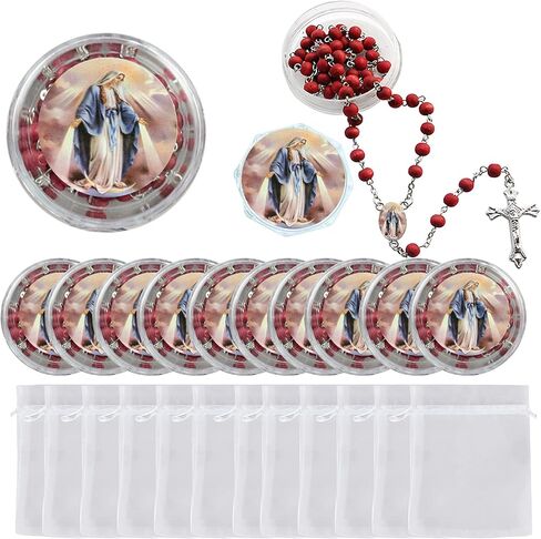 12 PCS Our Lady of Grace Miraculous Rose Scented Rosary Religious Gift Favors Red Wood bead Rosary Necklace in gift box with Organza bag in Saudi Arabia