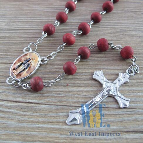 12 PCS Our Lady of Grace Miraculous Rose Scented Rosary Religious Gift Favors Red Wood bead Rosary Necklace in gift box with Organza bag in Saudi Arabia