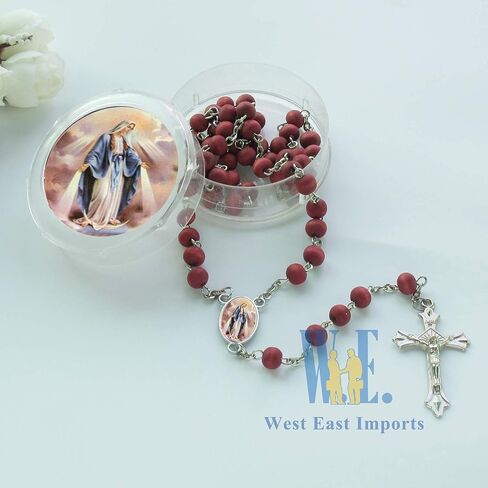 12 PCS Our Lady of Grace Miraculous Rose Scented Rosary Religious Gift Favors Red Wood bead Rosary Necklace in gift box with Organza bag in Saudi Arabia