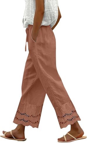 Women Linen Pants Wide Leg Capri Pants Drawstring Elastic Waist Gauze Boho Hollow Trousers Loose Summer Beach Outfit in Kuwait
