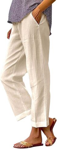 Cotton Linen Pants for Women - Elastic High Waist Straight Leg Cropped Pants Boho Plus Size Wide Leg Casual Trouser in Saudi Arabia