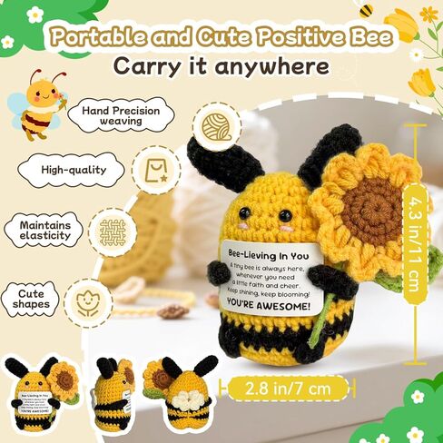 Positive Crochet Bee with Detachable Flower, Soft & Comfortable Emotional Support Gifts Back to School Christmas Birthday Anniversary Desk Decor for Women Men Friend Teacher Coworker Mom in Saudi Arabia