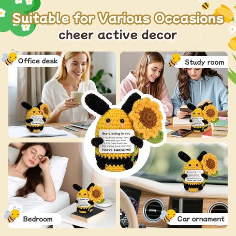 Positive Crochet Bee with Detachable Flower, Soft & Comfortable Emotional Support Gifts Back to School Christmas Birthday Anniversary Desk Decor for Women Men Friend Teacher Coworker Mom in Saudi Arabia