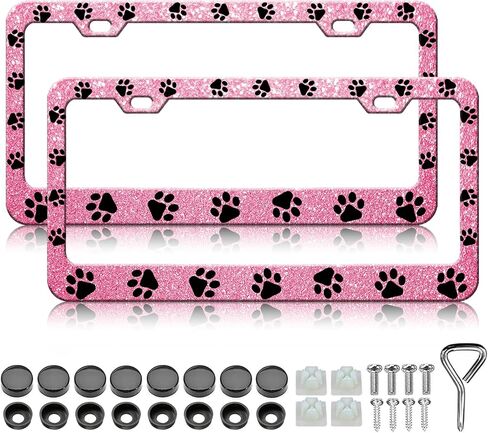 HCSS Pink Dog Paw Print License Plate Frames - 2 Pack Pink Bling Pet Footprint License Plate Holder, Aluminum Metal Rust-Proof Waterproof Car Decorative Tag Frame for Standard US 12x6 Inch in Saudi Arabia