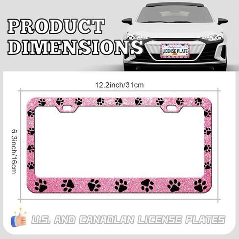 HCSS Pink Dog Paw Print License Plate Frames - 2 Pack Pink Bling Pet Footprint License Plate Holder, Aluminum Metal Rust-Proof Waterproof Car Decorative Tag Frame for Standard US 12x6 Inch in Saudi Arabia