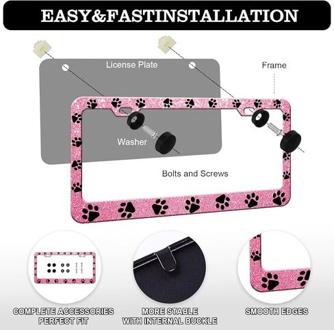 HCSS Pink Dog Paw Print License Plate Frames - 2 Pack Pink Bling Pet Footprint License Plate Holder, Aluminum Metal Rust-Proof Waterproof Car Decorative Tag Frame for Standard US 12x6 Inch in Saudi Arabia