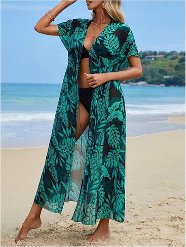 OYOANGLE Women's Kimono Swimsuit Cover Up Boho Tropical Print Short Sleeve Beach Cardigans Coverups Swimwear in Saudi Arabia