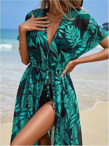 OYOANGLE Women's Kimono Swimsuit Cover Up Boho Tropical Print Short Sleeve Beach Cardigans Coverups Swimwear in Saudi Arabia