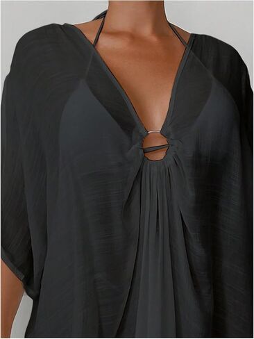 SHENHE Women's Swimsuit Coverup 3/4 Sleeve O Ring Bathing Suit Cover Up Beach Tunic Dress in Saudi Arabia