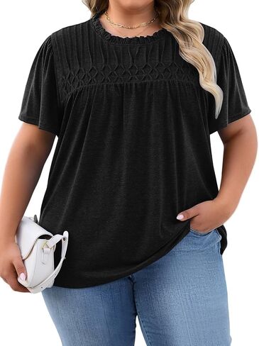 Anbech المرأة حجم كبير بلايز مطوي قصيرة الأكمام البلوزات للنساء أنيق عادية تي شيرت طاقم الرقبة سترة X-5X in Kuwait