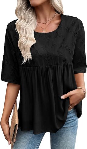EVALESS Womens Spring Summer Tops Casual Crewneck Half Sleeve Shirts Blouses Cute Floral Embroidered Boho Babydoll Tops in Saudi Arabia