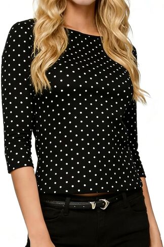 Women's Y2K Polka Dot Top 90S Vintage Quarter Sleeve Boat Neck Slim Fit Crop Tops Stretchy Casual Blouse Shirt in Saudi Arabia
