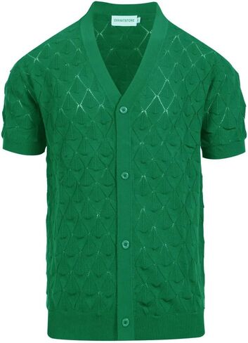 OXKNIT Men's Knitted Vintage Polo Shirt V Neck Button Down Shirts Short Sleeve Dark Green Summer Shirt in Kuwait