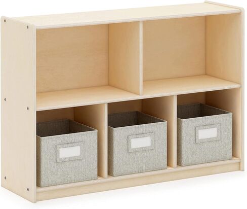 Guidecraft EdQ 5 Compartment Storage 30'' Natural with 3 Fabric Bins: Wooden Kids Bookcase, Two Shelf Organizer for Books, Toys, Games, Arts, Crafts, School Supplies; Home and Classroom in Kuwait