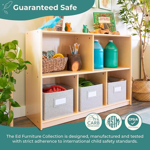 Guidecraft EdQ 5 حجرة تخزين 30 بوصة طبيعية مع 3 صناديق قماشية: خزانة كتب خشبية للأطفال، منظم رف للكتب والألعاب والألعاب والفنون والحرف اليدوية واللوازم المدرسية؛ المنزل والفصل الدراسي in Kuwait