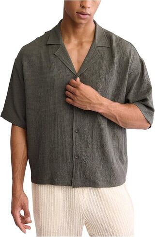 OYOANGLE Men's Oversized Cropped Button Down Shirts Casual Short Sleeve Solid Loose Shirts in Kuwait