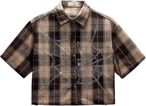 GORGLITTER قميص قصير للرجال مصنوع من القماش القطني بأزرار حتى Y2K حجر الراين وأكمام قصيرة وياقة مربعة ومنقوشة ملابس الشارع الشهير in Kuwait