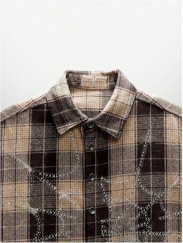 GORGLITTER Men's Gingham Cropped Shirt Button Up Y2K Rhinestone Short Sleeve Boxy Collared Plaid Streetwear Crop Tops in Saudi Arabia