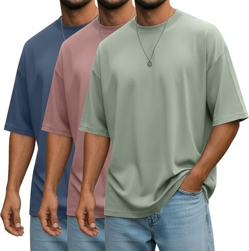 3 Pack Men's Oversized Short Sleeve T Shirts Unisex Crew Neck Drop Shoulder Casual Basic Tees Loose Fit Baggy Tops in Kuwait
