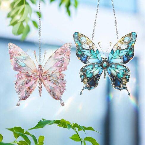 Geelin 2 Pcs Acrylic Butterfly Suncatcher Ornament Stained Glass Butterfly Gifts for Women Colorful Suncatcher Window Hanging Home Garden Decor Spring Birthday for Women & Nature Lovers in Saudi Arabia