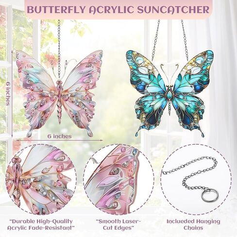 Geelin 2 Pcs Acrylic Butterfly Suncatcher Ornament Stained Glass Butterfly Gifts for Women Colorful Suncatcher Window Hanging Home Garden Decor Spring Birthday for Women & Nature Lovers in Saudi Arabia