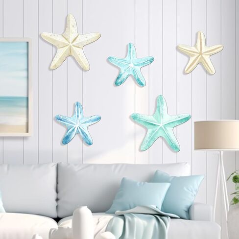KOYILTD 5 Pcs Beach Wall Art Coastal Nautical Starfish Wall Decor Natural Wood Finish Wall Hanging Home Decor for Bathroom Living Room Patio, Flat Not 3D Artificial Starfish (Unique) in Saudi Arabia