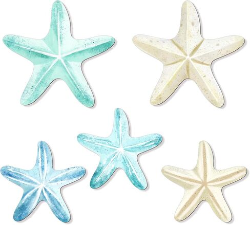 KOYILTD 5 Pcs Beach Wall Art Coastal Nautical Starfish Wall Decor Natural Wood Finish Wall Hanging Home Decor for Bathroom Living Room Patio, Flat Not 3D Artificial Starfish (Unique) in Saudi Arabia