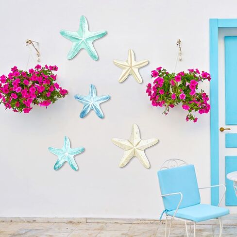 KOYILTD 5 Pcs Beach Wall Art Coastal Nautical Starfish Wall Decor Natural Wood Finish Wall Hanging Home Decor for Bathroom Living Room Patio, Flat Not 3D Artificial Starfish (Unique) in Saudi Arabia