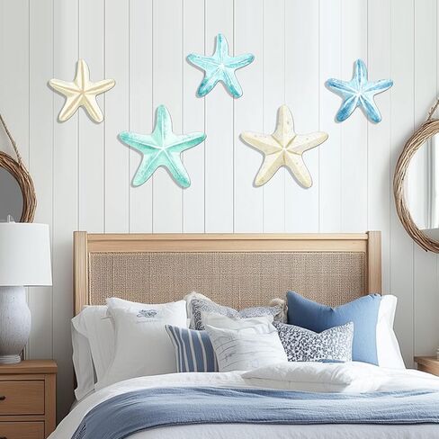 KOYILTD 5 Pcs Beach Wall Art Coastal Nautical Starfish Wall Decor Natural Wood Finish Wall Hanging Home Decor for Bathroom Living Room Patio, Flat Not 3D Artificial Starfish (Unique) in Saudi Arabia