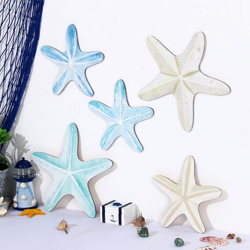 KOYILTD 5 Pcs Beach Wall Art Coastal Nautical Starfish Wall Decor Natural Wood Finish Wall Hanging Home Decor for Bathroom Living Room Patio, Flat Not 3D Artificial Starfish (Unique) in Saudi Arabia
