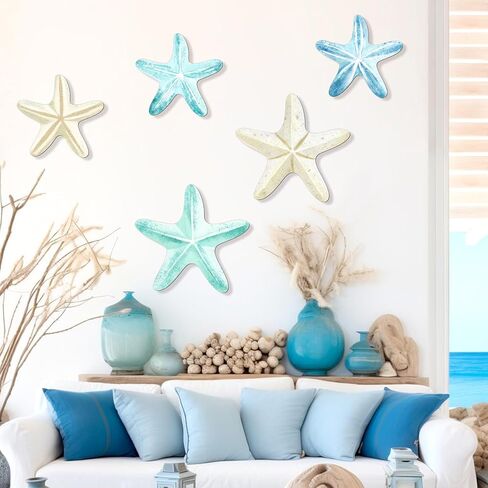 KOYILTD 5 Pcs Beach Wall Art Coastal Nautical Starfish Wall Decor Natural Wood Finish Wall Hanging Home Decor for Bathroom Living Room Patio, Flat Not 3D Artificial Starfish (Unique) in Saudi Arabia