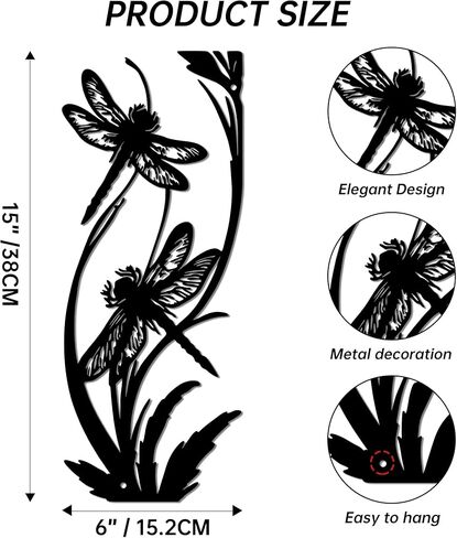 لوحة فنية جدارية على شكل يعسوب معدني من JEWLOVE بتصميم نباتي - ديكور للحديقة الخارجية والفناء للسياج ومنطقة حمام السباحة، هدية معلقة مقاومة للطقس للنساء in Kuwait