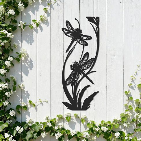 لوحة فنية جدارية على شكل يعسوب معدني من JEWLOVE بتصميم نباتي - ديكور للحديقة الخارجية والفناء للسياج ومنطقة حمام السباحة، هدية معلقة مقاومة للطقس للنساء in Kuwait