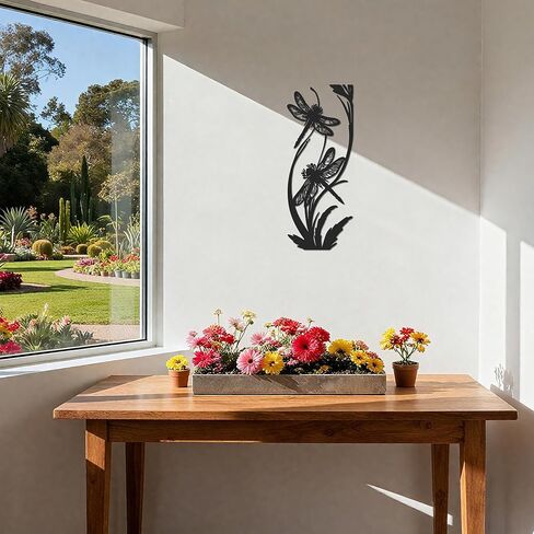 لوحة فنية جدارية على شكل يعسوب معدني من JEWLOVE بتصميم نباتي - ديكور للحديقة الخارجية والفناء للسياج ومنطقة حمام السباحة، هدية معلقة مقاومة للطقس للنساء in Kuwait