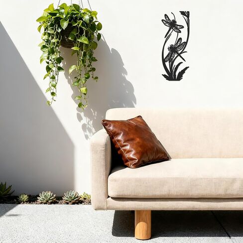 لوحة فنية جدارية على شكل يعسوب معدني من JEWLOVE بتصميم نباتي - ديكور للحديقة الخارجية والفناء للسياج ومنطقة حمام السباحة، هدية معلقة مقاومة للطقس للنساء in Kuwait