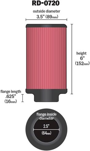 K&N Universal Clamp-On Air Intake Filter: High Performance, Premium, Washable, Replacement Air Filter: Flange Diameter: 2.5 In, Filter Height: 6 In, Flange Length: 0.625 In, Shape: Round, RD-0720 in Saudi Arabia