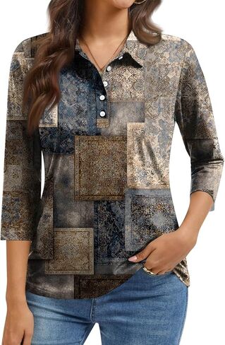 Womens Polo Shirts for Work Collared 3/4 Sleeve Golf Shirt Summer Button Quick Dry Tennis Shirts Athletic Outfit in Kuwait