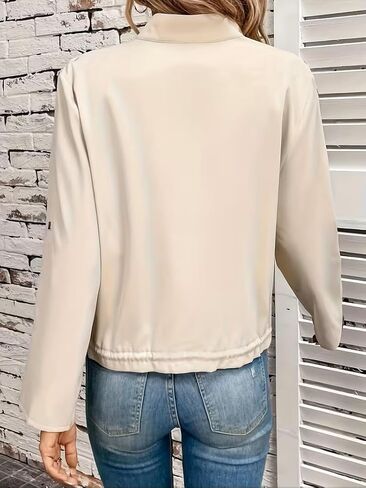 Women's Cropped Jacket Zip Up Jacket Casual Roll Up Sleeve Elegant Outerwear with Pockets Stand Collar Drawstring Hem in Saudi Arabia