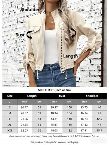 Women's Cropped Jacket Zip Up Jacket Casual Roll Up Sleeve Elegant Outerwear with Pockets Stand Collar Drawstring Hem in Saudi Arabia