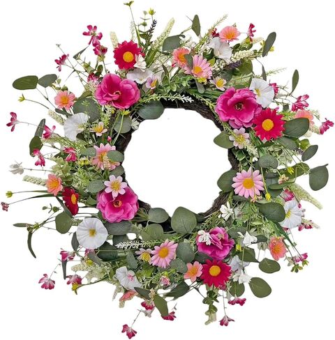24 Inch Spring and Summer Wreath for Front Door Anemone Daisy Lavender Floral Wreath with Eucalyptus Greenery for Indoor Outdoor Easter Decor in Saudi Arabia