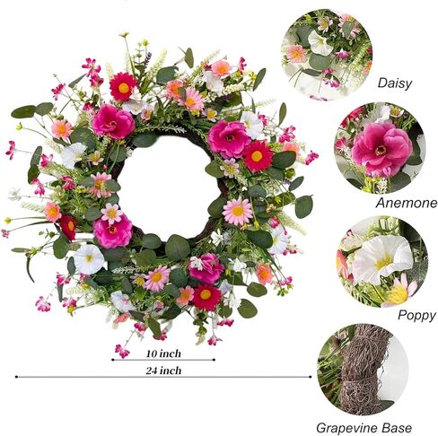 24 Inch Spring and Summer Wreath for Front Door Anemone Daisy Lavender Floral Wreath with Eucalyptus Greenery for Indoor Outdoor Easter Decor in Saudi Arabia