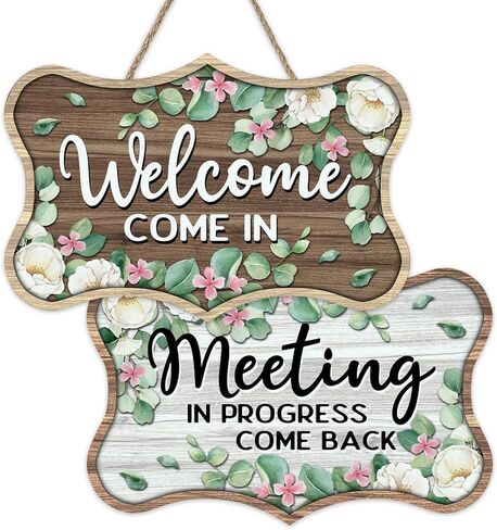 Welcome Come in Front Door Sign, Meeting in Progress Come Back Remind Reversible Wooden Hanger Double-Sided Home Decor, Floral Wreath Wall Hanging Business Office Meeting Room Decoration in Saudi Arabia