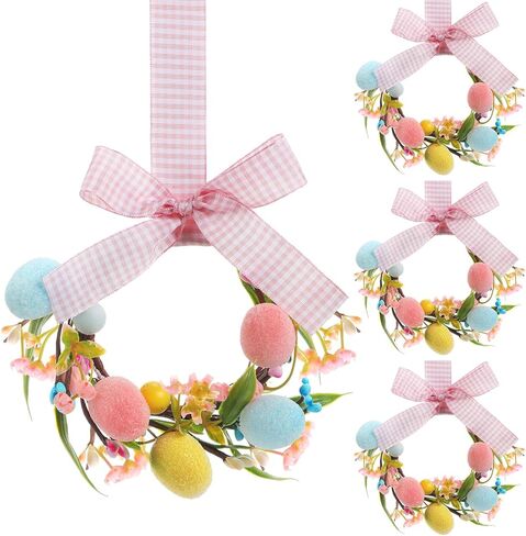 Hoteam 6 Pcs Easter Kitchen Cabinet Wreath with Plaid Bow Ribbon 8.7'' Mini Artificial Easter Egg Wreath Spring Berry for Front Door Window Wall Decor (Pink Bow) in Saudi Arabia