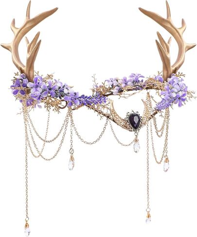 MOSTORY Woodland Fairy Antler Crown - Flower Deer Antler Elf Crown with Tassel for Renaissance Renfaire Women Fantasy Cosplay in Saudi Arabia