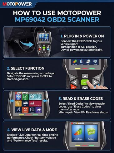 MOTOPOWER 4 in 1 Code Reader Car Diagnostic Scan Tool Oil Maintenance Reset, Battery Test, Performance Test with Lifetime Update in Kuwait