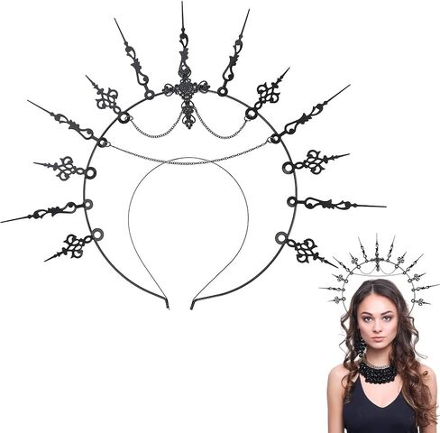 Black Halo Crown Spiked Goddess Headpiece Vintage Renfaire Baroque Headdress Fantasy Gothic Cross Headband for Women Wedding Party Cosplay Pageant Halloween Festival Costmue Accessories in Saudi Arabia