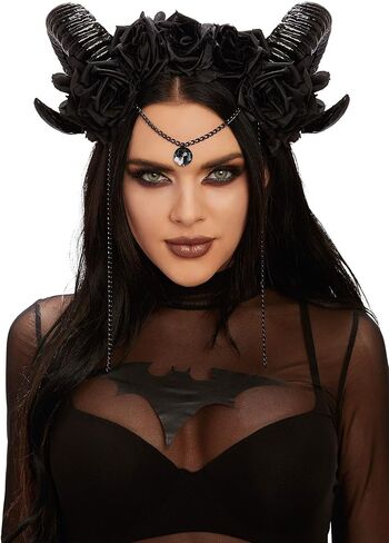 Dreamgirl Mythical Ram's Horn Headpiece - Black Horns with Roses and Chain in Saudi Arabia