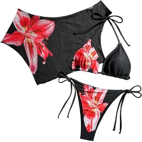 Women' s 3 Piece Swimsuit Floral Flower Print Bikini Sexy Halter String Tie with Short Sleeve Cover Up Bathing Suit in Saudi Arabia