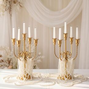 Yungyan Metal Candelabra Brass Gold Candle Stand with 39.3 ft Pearl Chains, 11.8'' Tall 5-Branch Vintage Taper Candle Candlestick Holder for Wedding Centerpiece Kitchen Holiday Party Reception, 2 Pcs in Kuwait